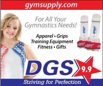 Advertisement for gymsupply.com, featuring a gymnast, grips, and product categories: apparel, equipment, fitness, gifts.