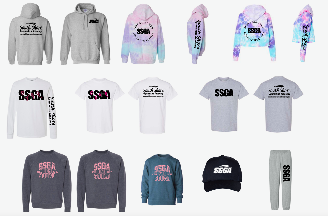 Assortment of clothing featuring the letters