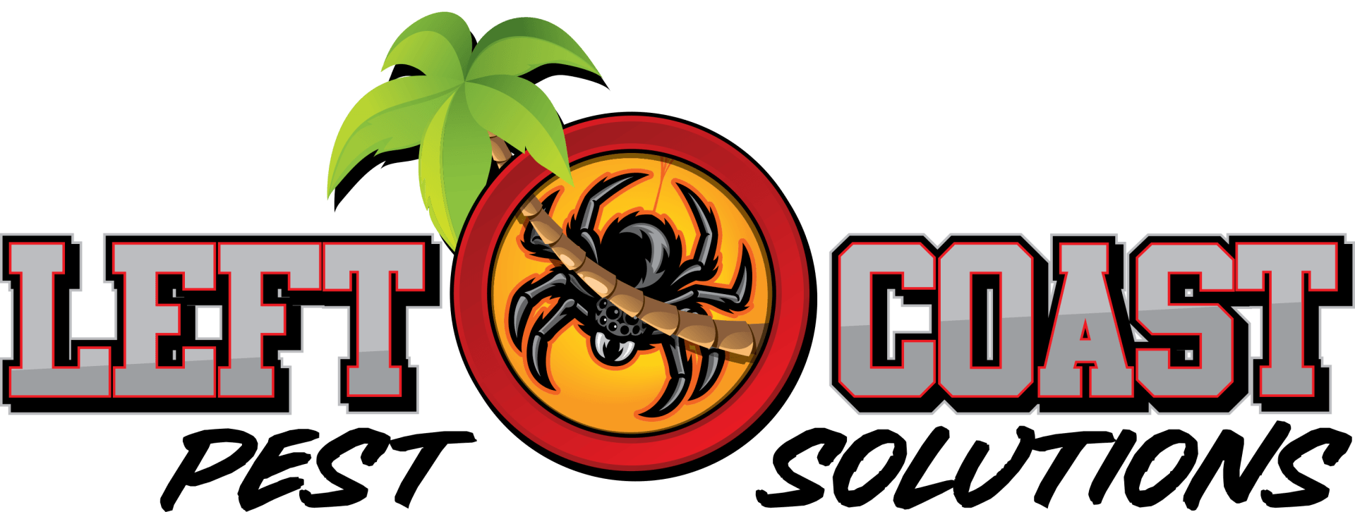 A logo for left coast pest solutions with a palm tree and a spider on a stick.