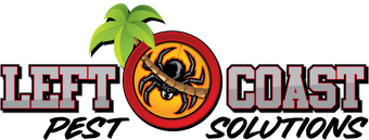 A logo for left coast pest solutions with a palm tree and a spider on a stick.