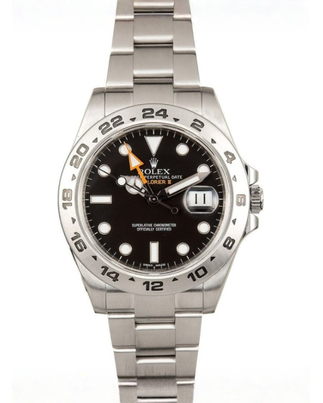 Silver Rolex watch with black dial and date window on metal band