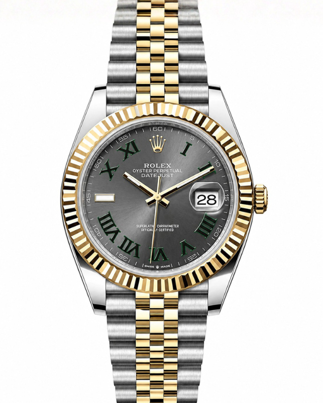 Two-tone Rolex Datejust wristwatch with silver dial, gold accents, and date window