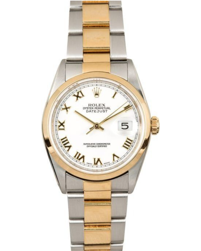 Two-tone gold and silver Rolex watch with white dial and Roman numerals