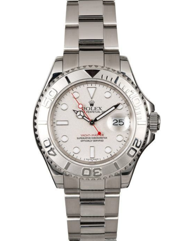 Silver Rolex watch with white face, metal band, and date display at 3 o’clock