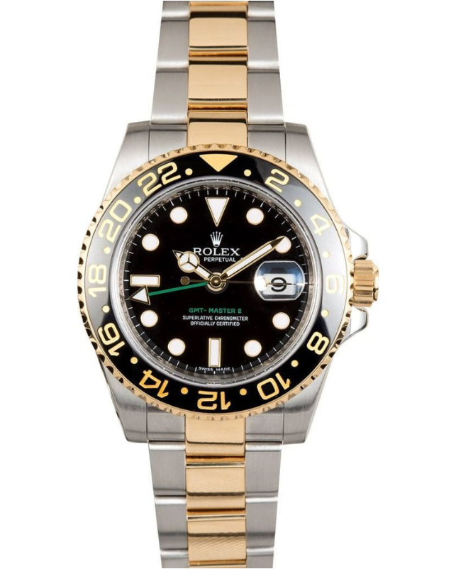 Two-tone Rolex GMT-Master II watch with black dial and black-and-gold bezel on white background