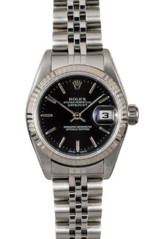 Two-tone Rolex wristwatch with black dial and date window on metal bracelet