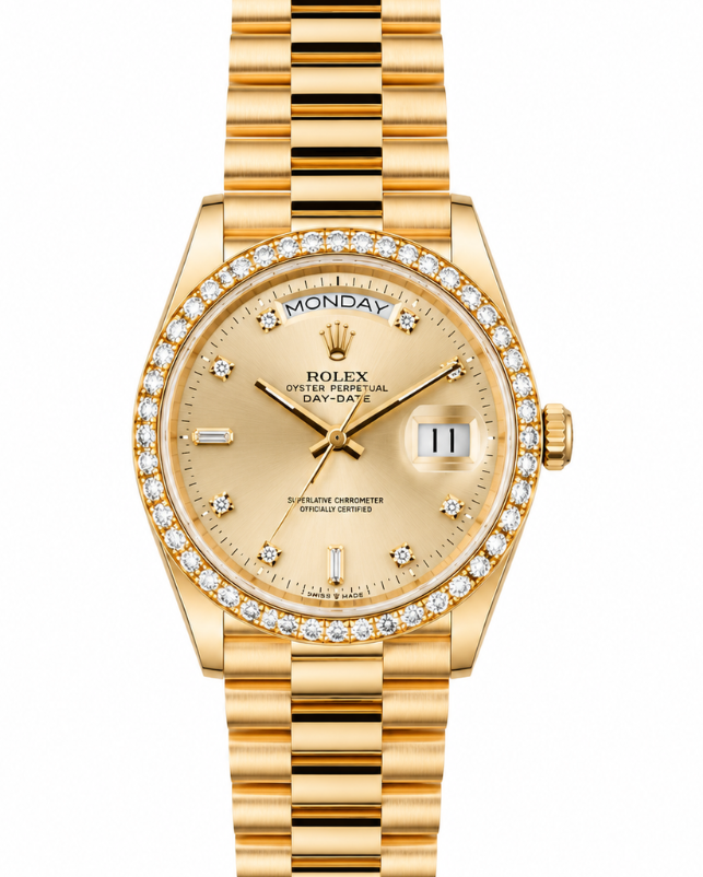 Gold Rolex watch with diamond bezel and champagne dial on a gold bracelet
