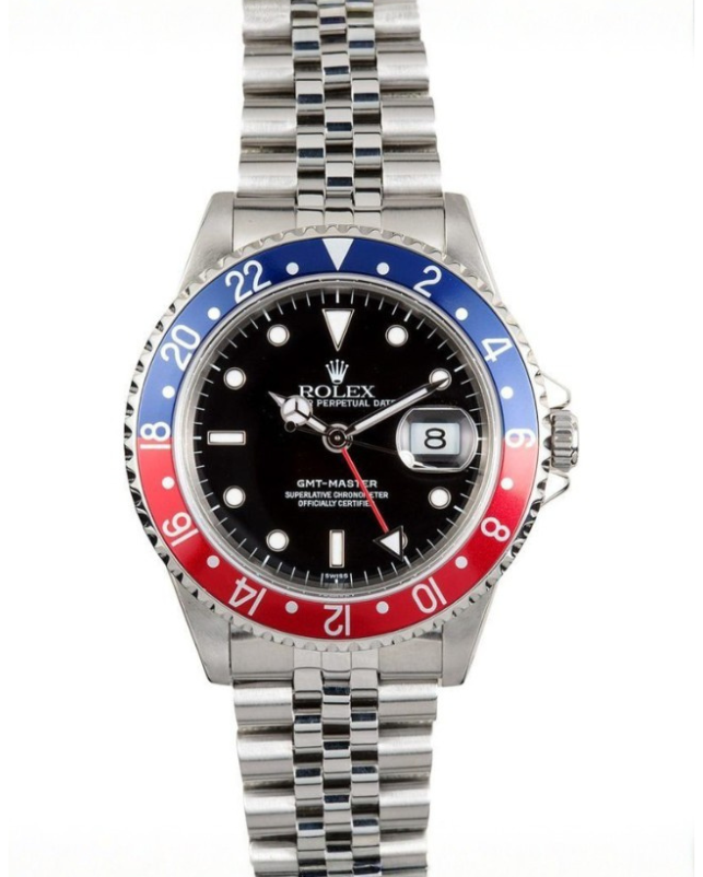 Rolex GMT-Master watch with black dial and red-blue bezel on silver metal bracelet