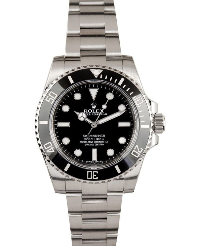 Silver wristwatch with black dial and stainless steel band, viewed front-on.
