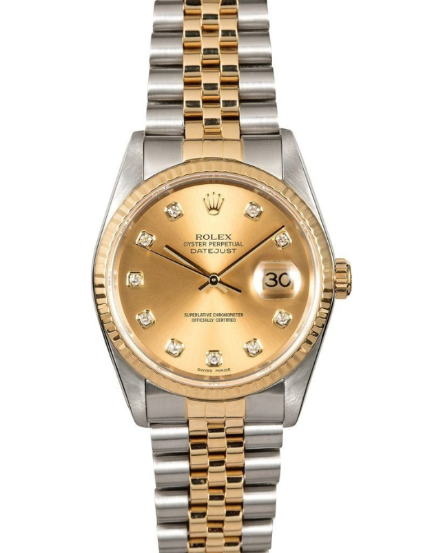 Two-tone gold and silver Rolex wristwatch with a diamond dial and date display