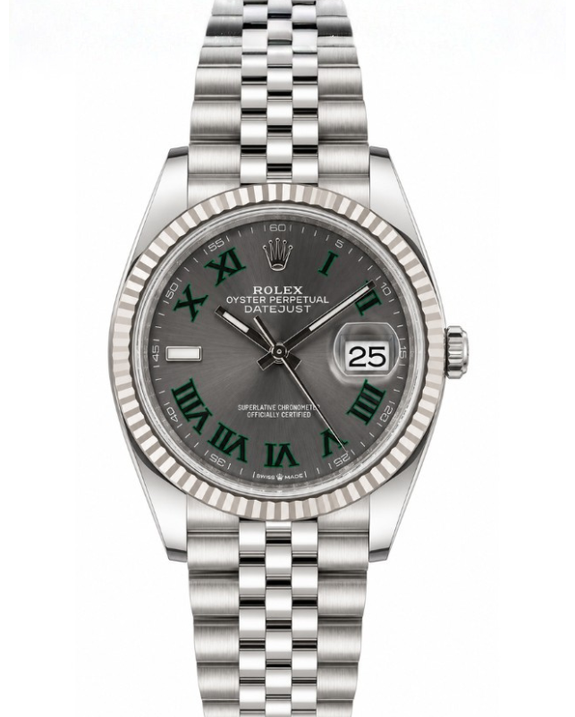 Silver Rolex wristwatch with white face and date display on a metal band