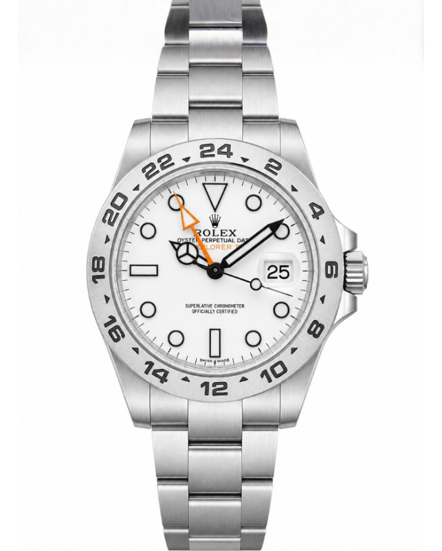 Silver Rolex watch with black dial, date window, and GMT bezel on a stainless steel bracelet