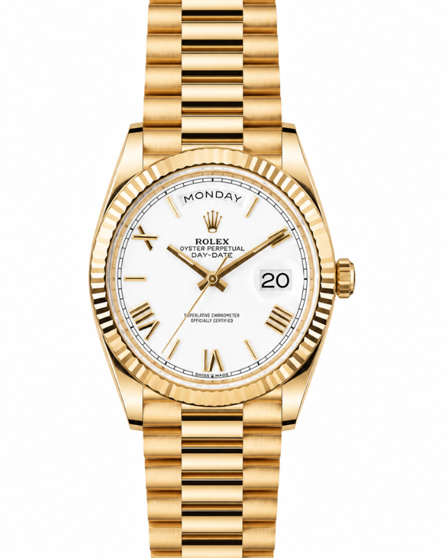 Gold Rolex watch with white dial and fluted bezel showing Monday and date 20
