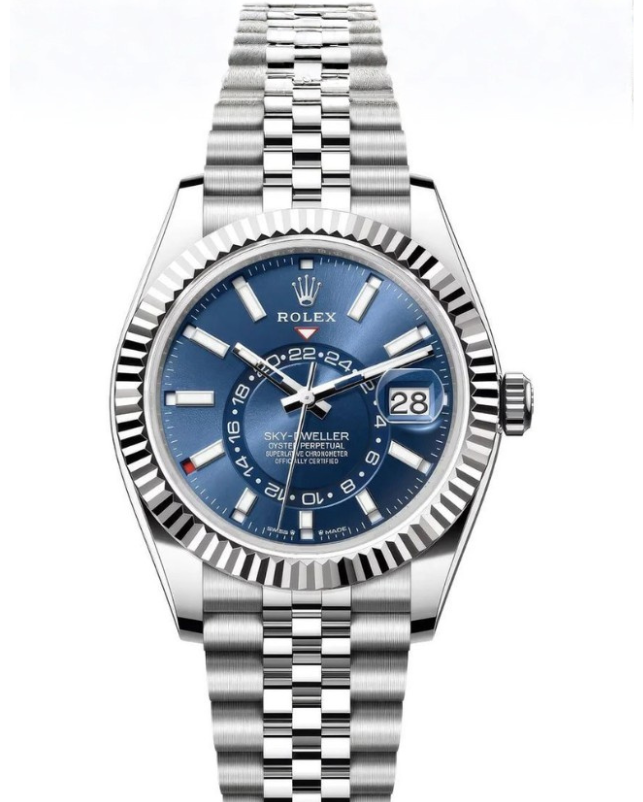 Blue and silver Rolex Yacht-Master II wristwatch with metal band and white dial