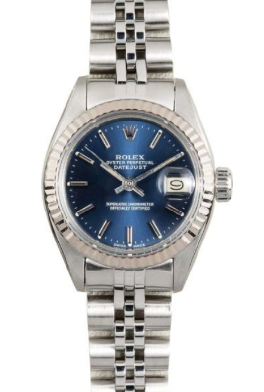Silver wristwatch with a blue dial and diamond-style bezel on a metal bracelet