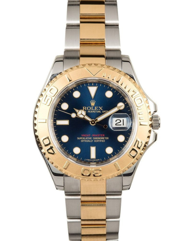 Two-tone Rolex watch with blue dial and gold bezel, showing 2:00.