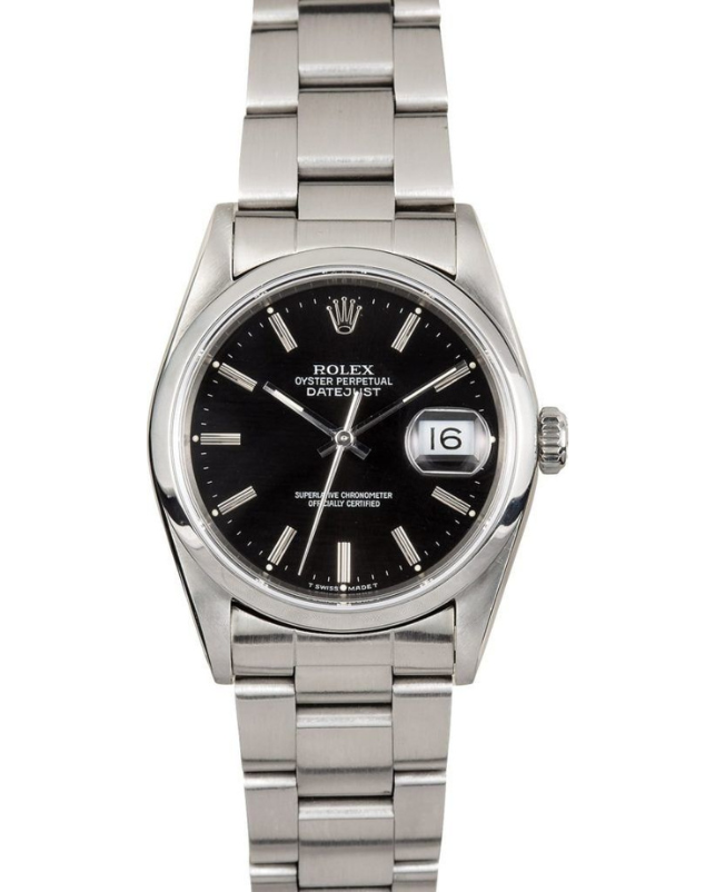 Silver wristwatch with a black dial and date display on a metal band