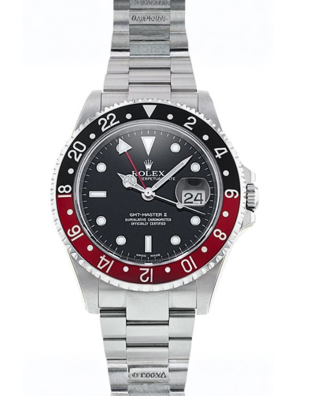 Silver Rolex GMT-Master II watch with black dial and stainless steel bracelet