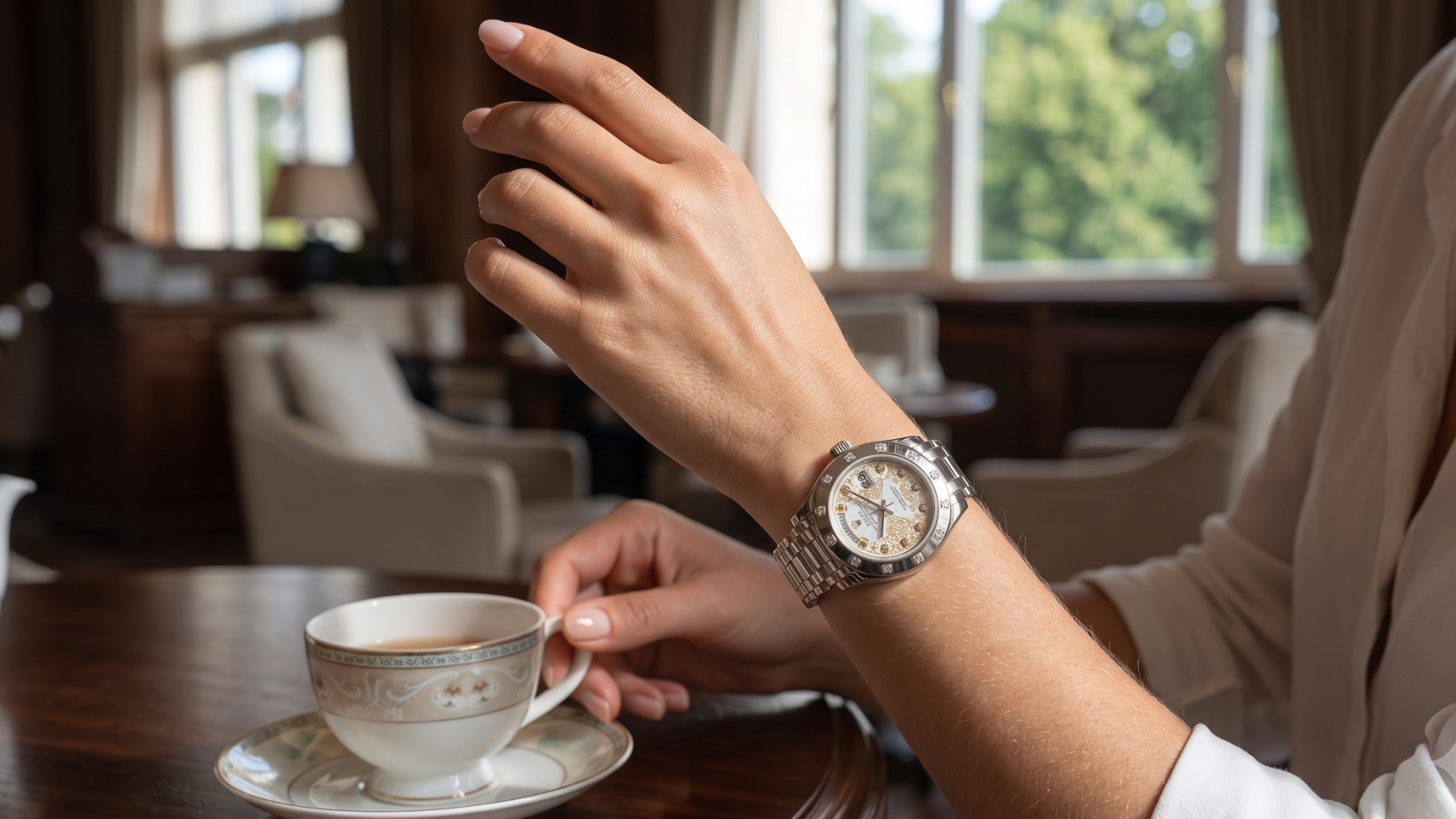 Hand holding a phone beside a teacup on a table, wearing a gold wristwatch in a café.