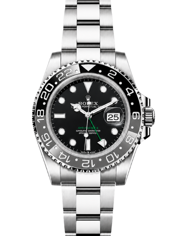 Gold Rolex GMT-Master II watch with green dial and black bezel on a gold bracelet