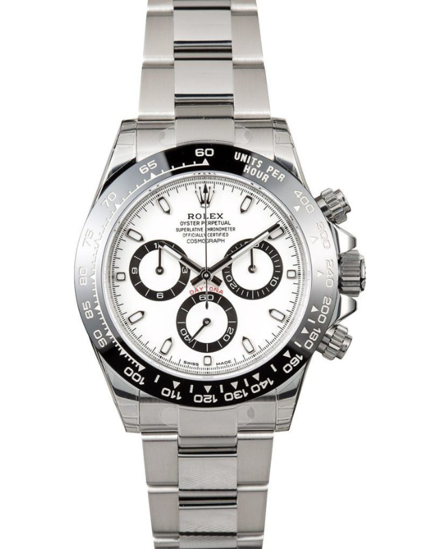 Silver Rolex Daytona watch with white dial, black subdials, and black bezel on a metal bracelet
