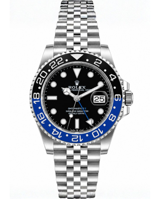 Silver wristwatch with white dial, blue accents, and a stainless steel band.