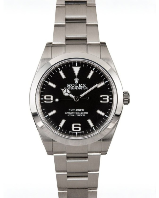 Silver Rolex wristwatch with a black dial and stainless steel band
