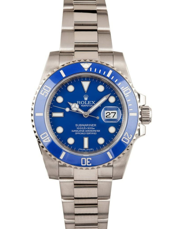 Blue-faced Rolex Submariner watch with silver metal band and date display