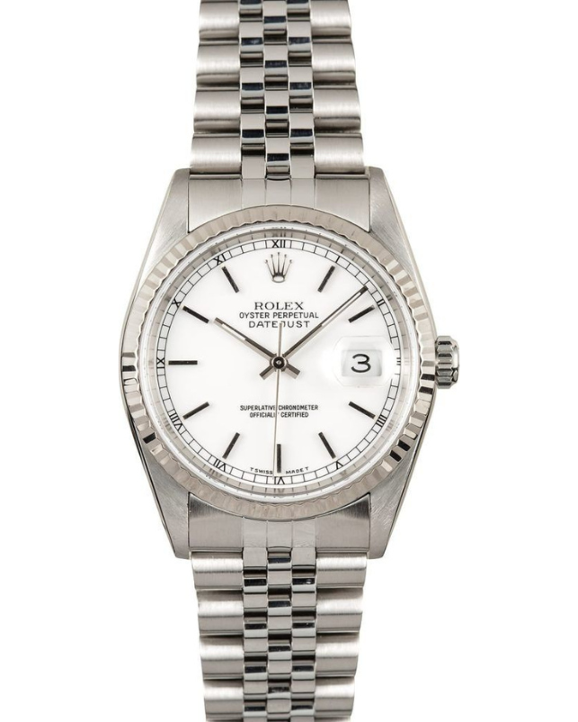 Silver Rolex wristwatch with white dial and date display on a stainless steel band