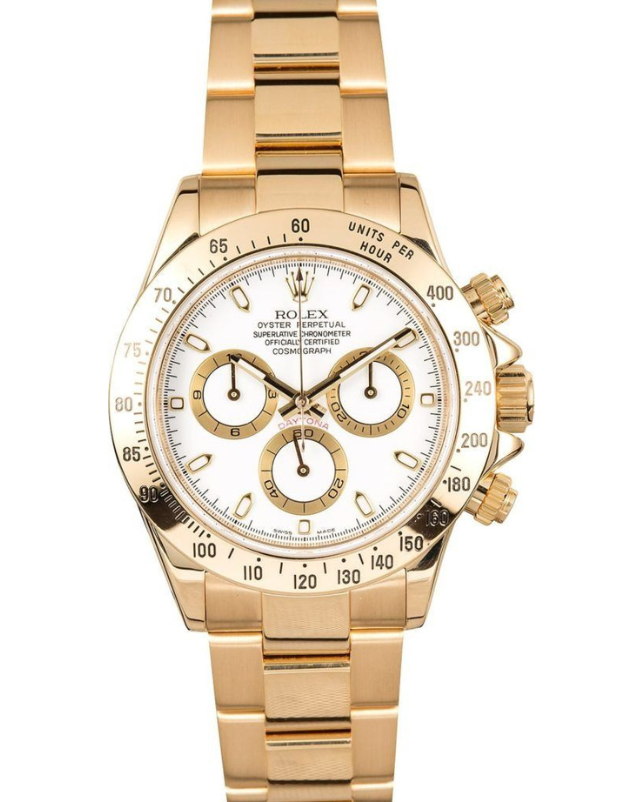 Gold Rolex Daytona watch with white dial and three subdials on a matching gold bracelet