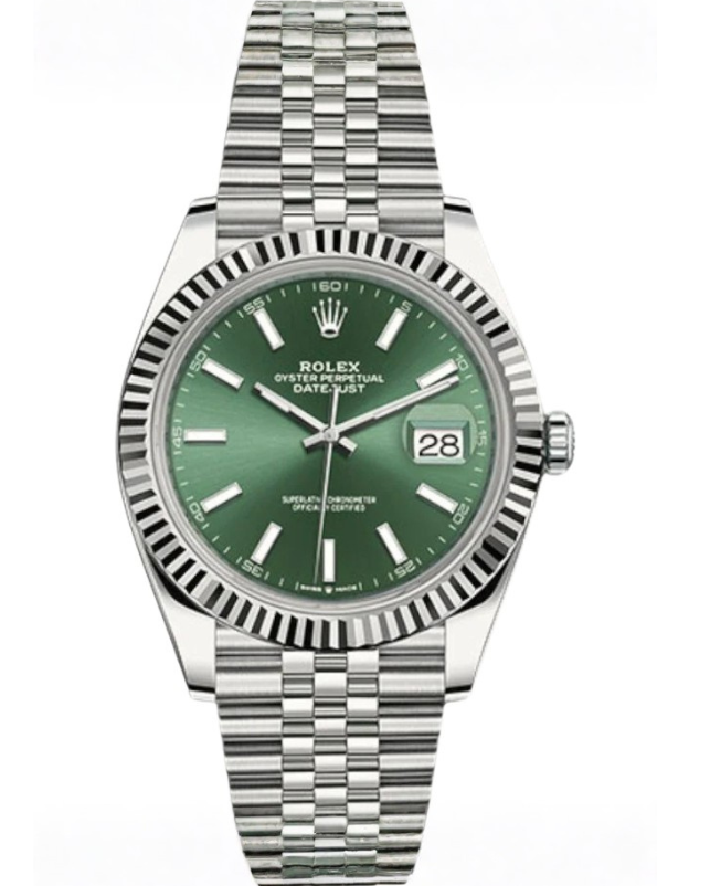 Silver wristwatch with a white dial and metal band, showing date window and Roman numerals.