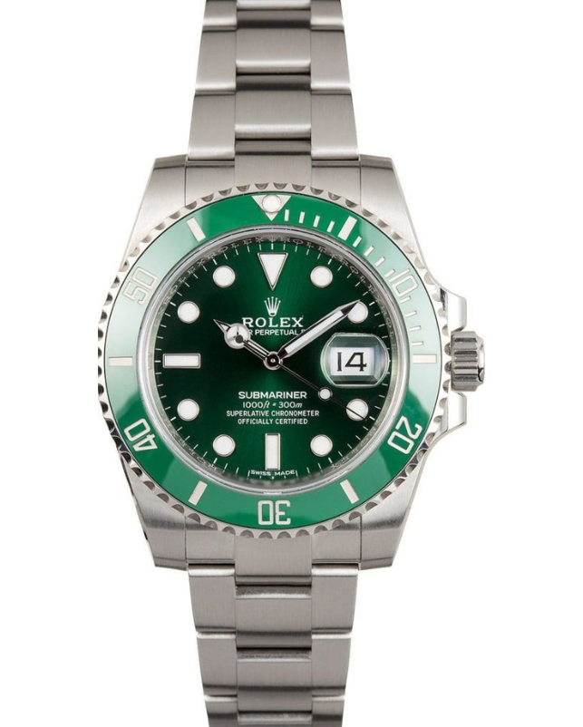 Green Rolex Submariner watch with silver band and date display on the dial