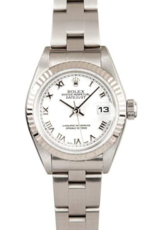 Silver wristwatch with a white face and date display on a metal link bracelet
