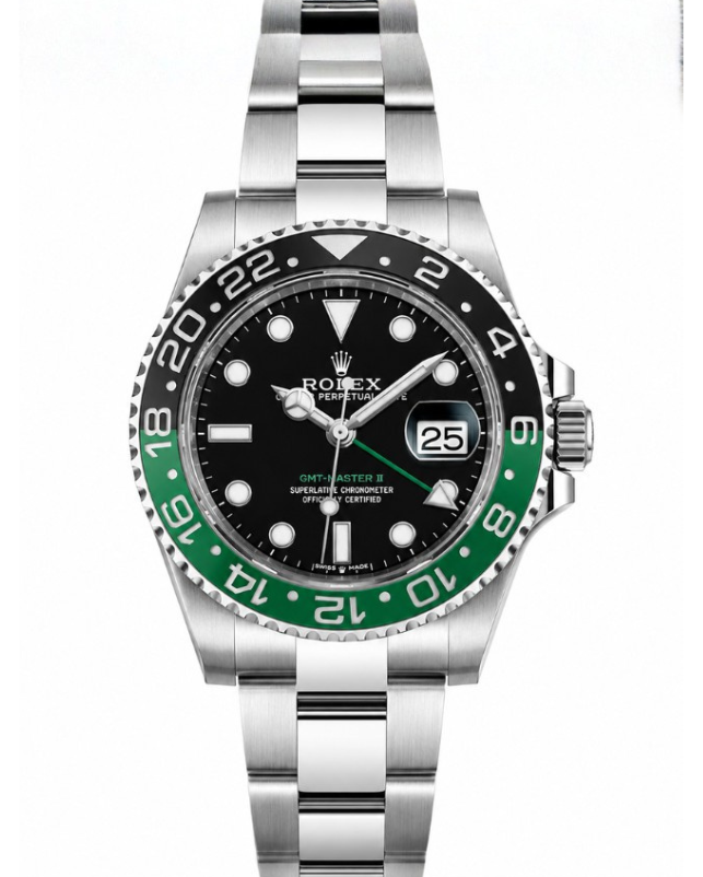 Two-tone Rolex GMT-Master II watch with black dial and gold bezel, centered on white background