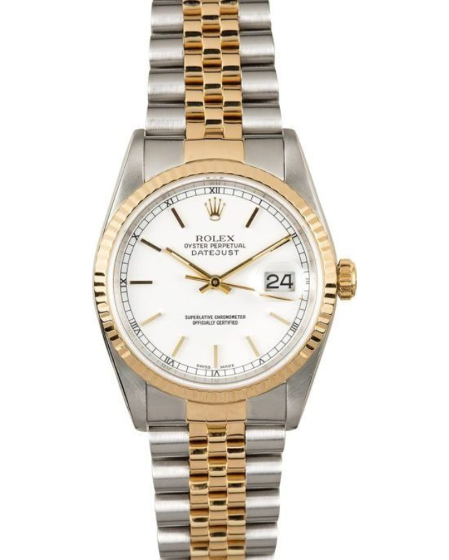 Two-tone gold and silver Rolex wristwatch with white dial and date display