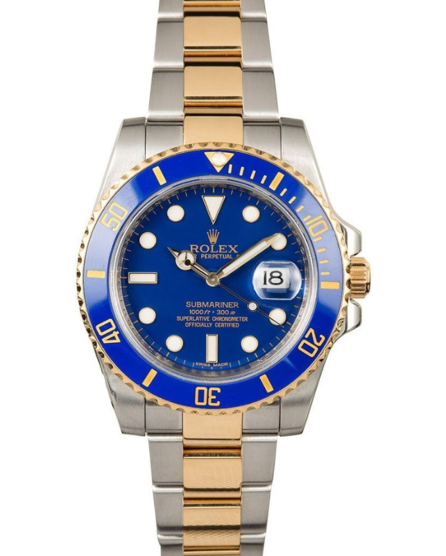 Blue and gold luxury wristwatch with silver band, date display, and luminous markers on a blue dial