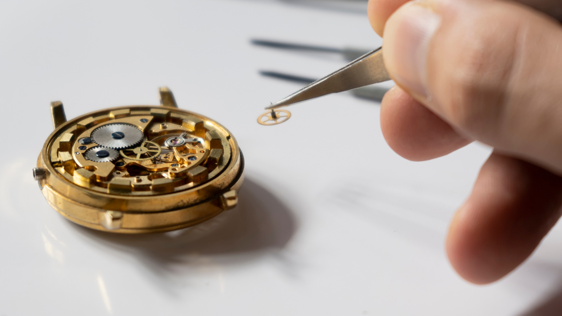 Tweezers placing a tiny watch gear into a gold mechanical watch movement