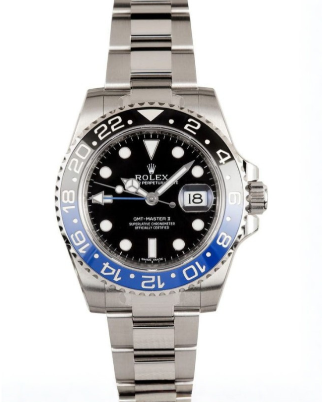 Black and blue Rolex GMT-Master II wristwatch with stainless steel band and date display