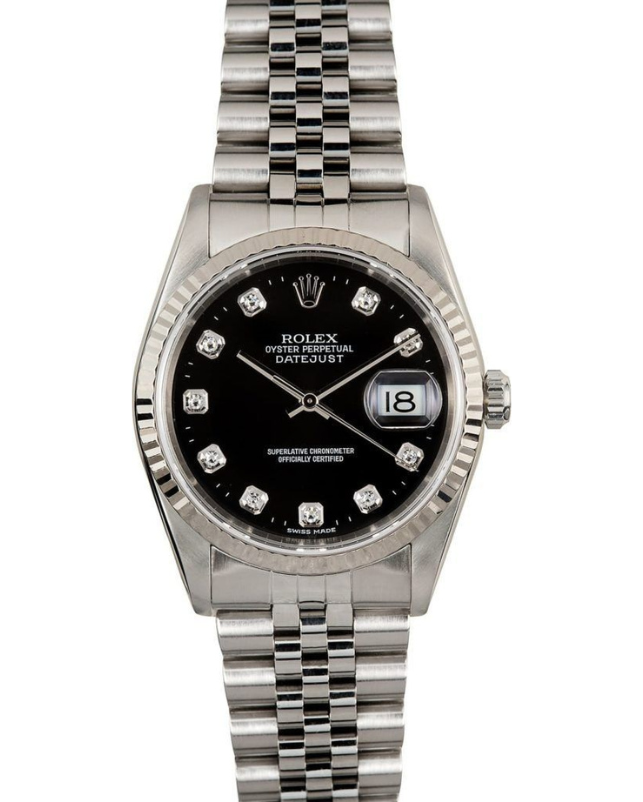 Silver wristwatch with black dial, diamond markers, and date display on a metal band