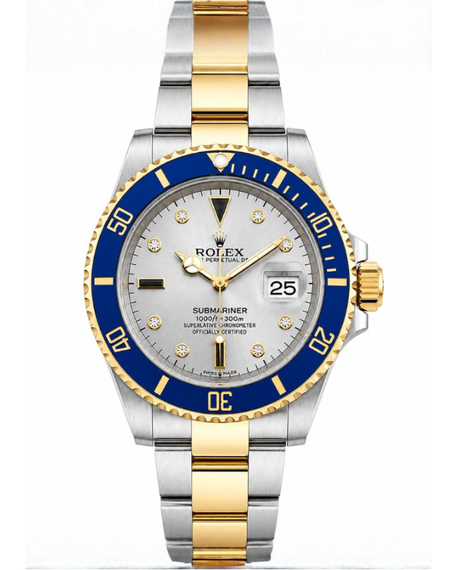 Silver Rolex wristwatch with black dial and bezel on a metal band