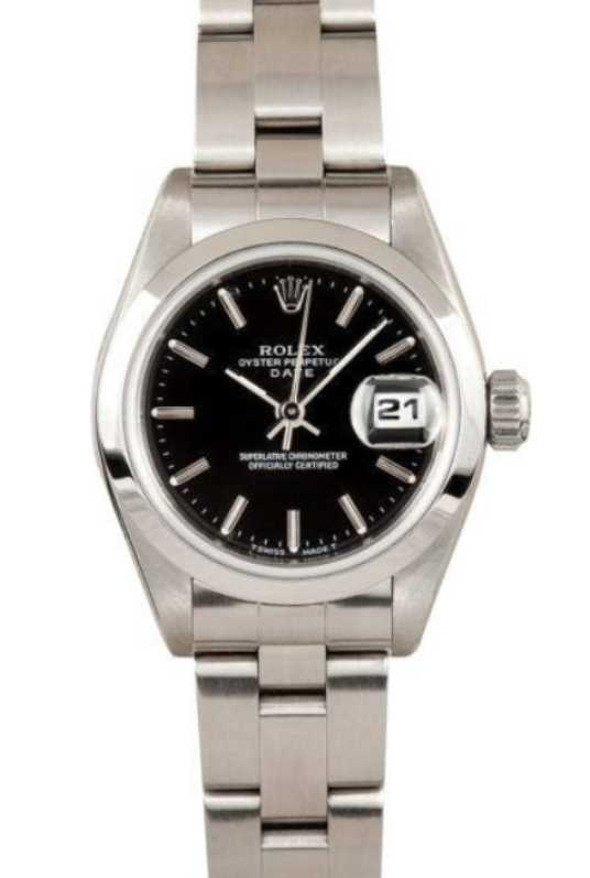 Silver wristwatch with black dial and date display on metal band