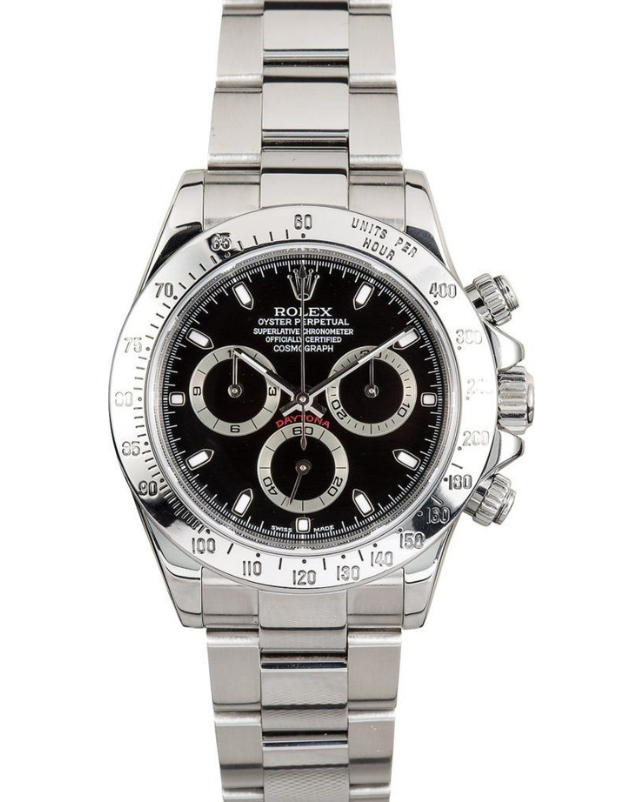 Silver chronograph wristwatch with black dial and stainless steel bracelet on a white background