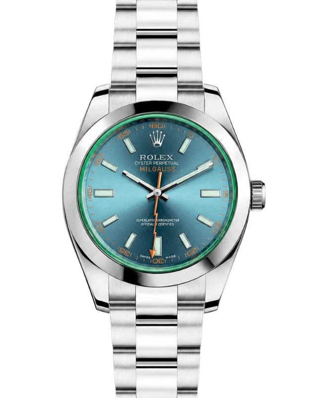Silver wristwatch with a dark green dial, orange accents, and a stainless steel band.