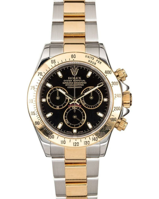 Two-tone gold and silver Rolex chronograph watch with a black dial and three subdials