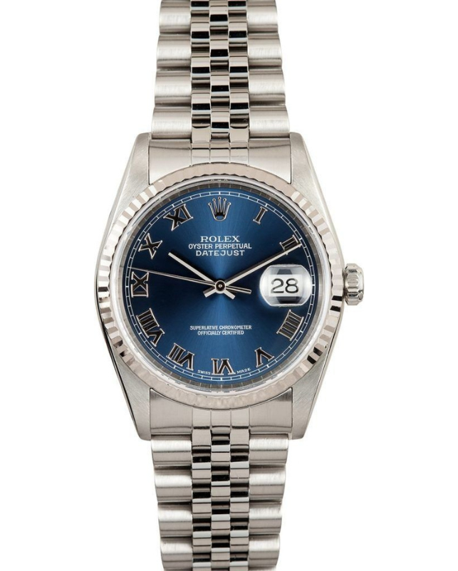 Silver wristwatch with blue dial and date display on a metal bracelet