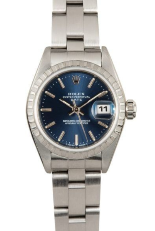 Blue dial Rolex-style stainless steel wristwatch with date display and silver bracelet