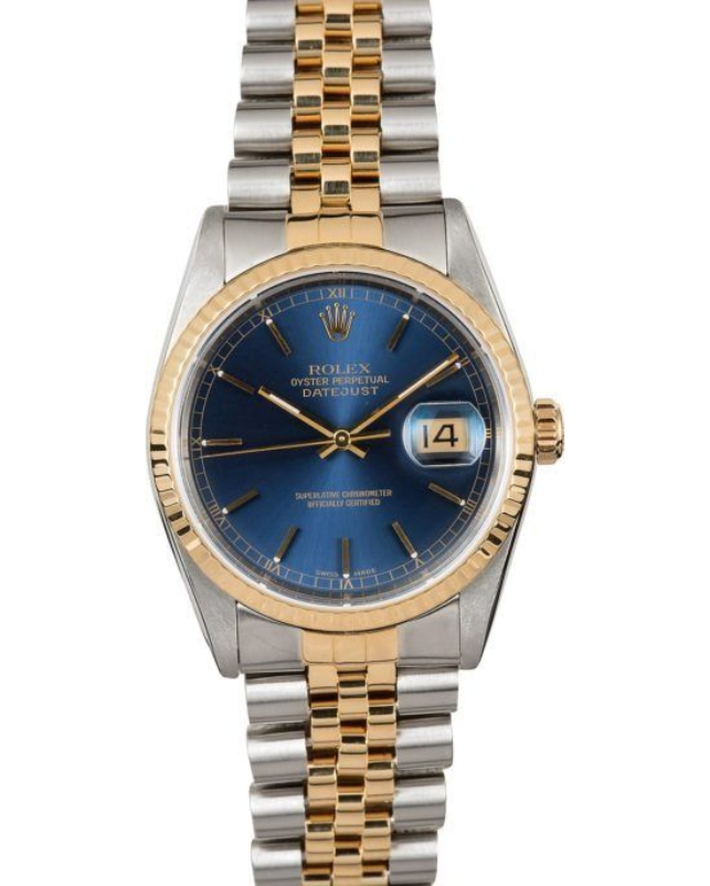 Blue dial two-tone Rolex wristwatch with date display on a silver and gold bracelet