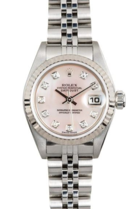 Pink Rolex wristwatch with diamond hour markers and silver bracelet on white background