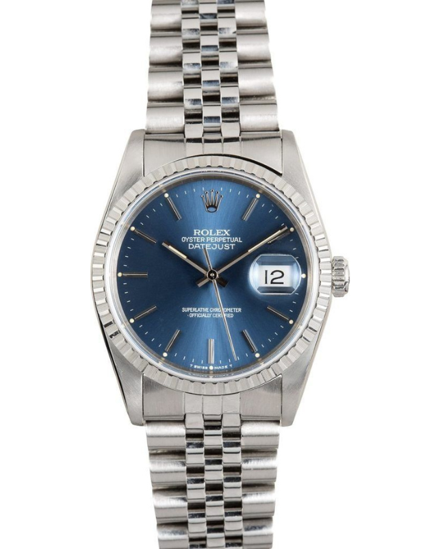 Silver wristwatch with blue dial and date display