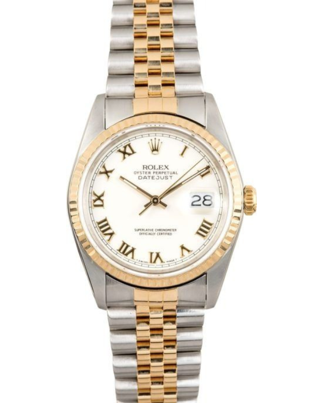 Two-tone Rolex wristwatch with white dial, Roman numerals, and date window